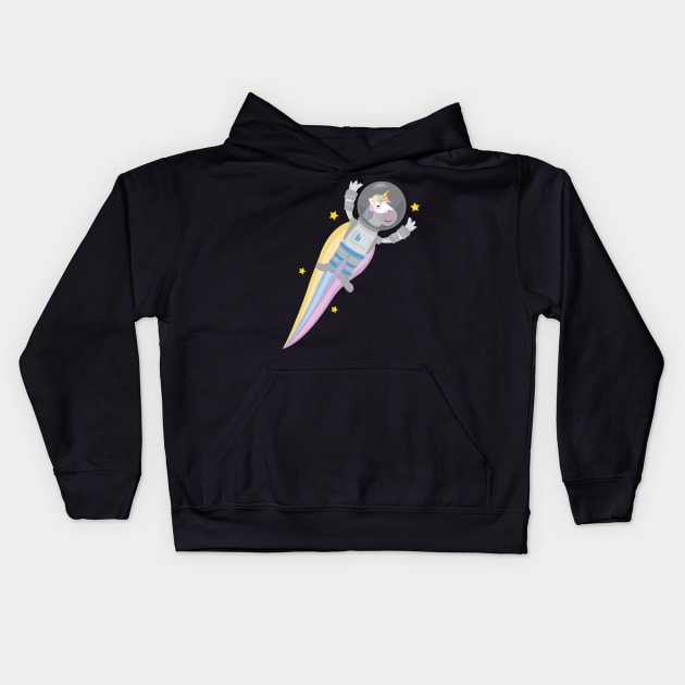 Space Unicorn Flying in the Galaxy of Stars in s Spacesuit. Funny cute design Kids Hoodie by Uncle Fred Design